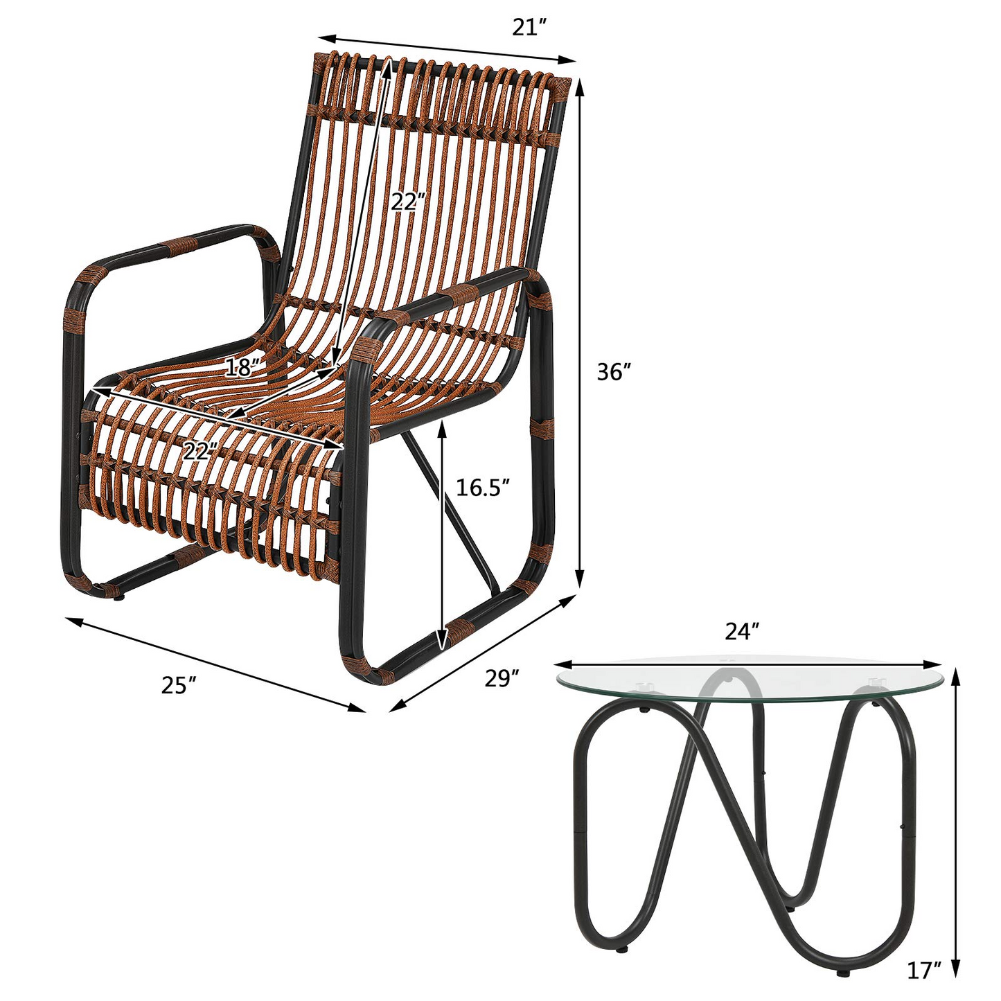 Tangkula 3 Piece Patio Rattan Furniture Set, Includes 2 Single Wicker Chairs and Glass Side Table