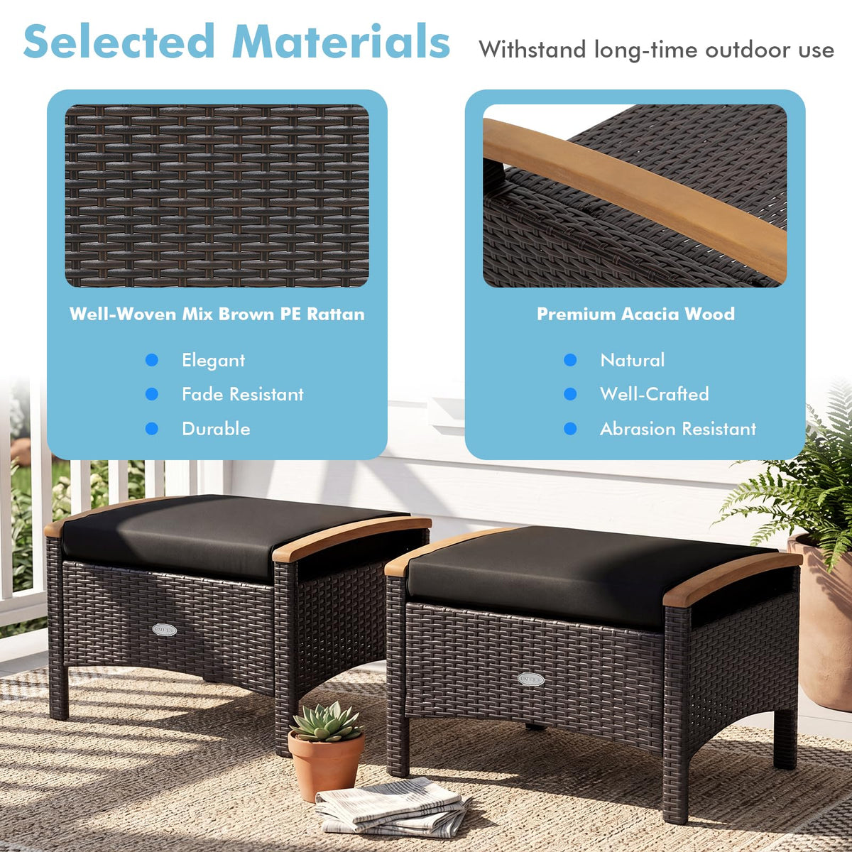 Tangkula 2 Piece Patio Rattan Ottomans, Outdoor Wicker Footstool