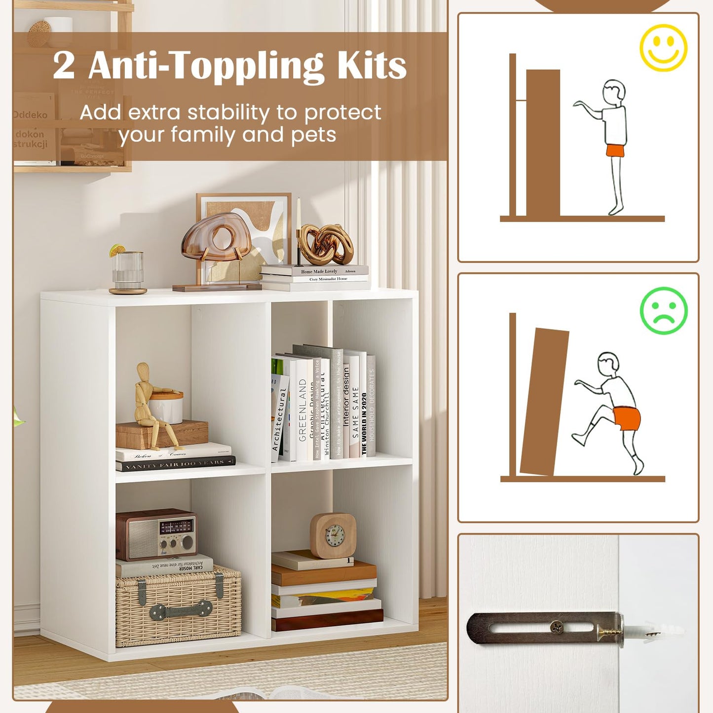 Tangkula 4-Cube Bookcase, 3-Tier Bookshelf with Open Compartments
