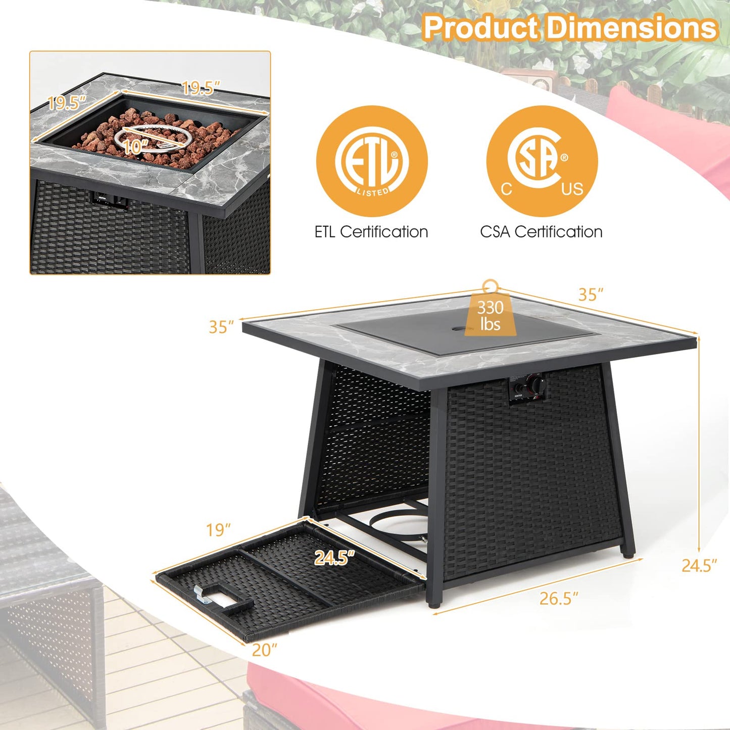 Tangkula 35 Inch Rattan Propane Gas Fire Pit Table, Patiojoy 50,000 BTU Outdoor Wicker Patio Propane Fire Pit
