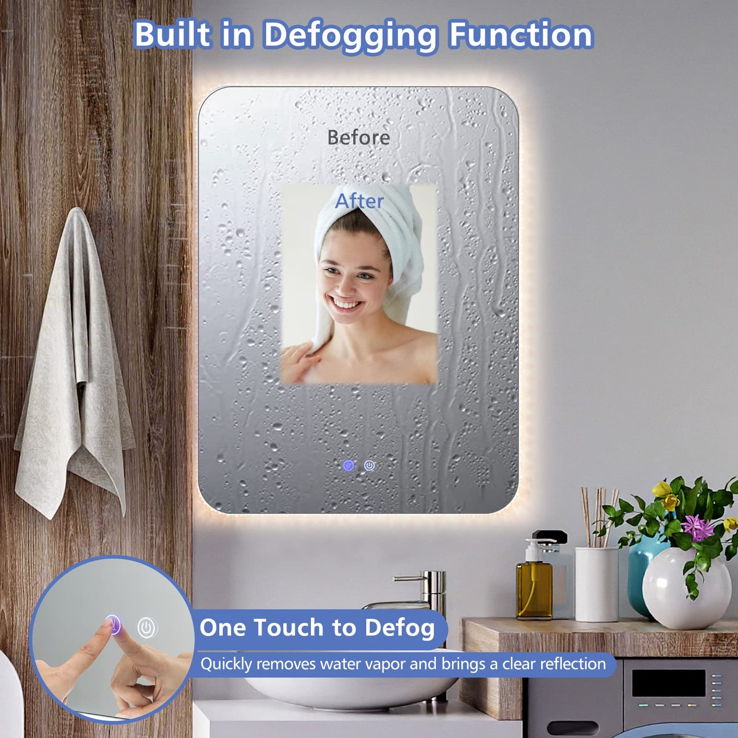 Tangkula 80CMx60CM Mirror with LED Lights with Dimmable 3 Color Temperatures