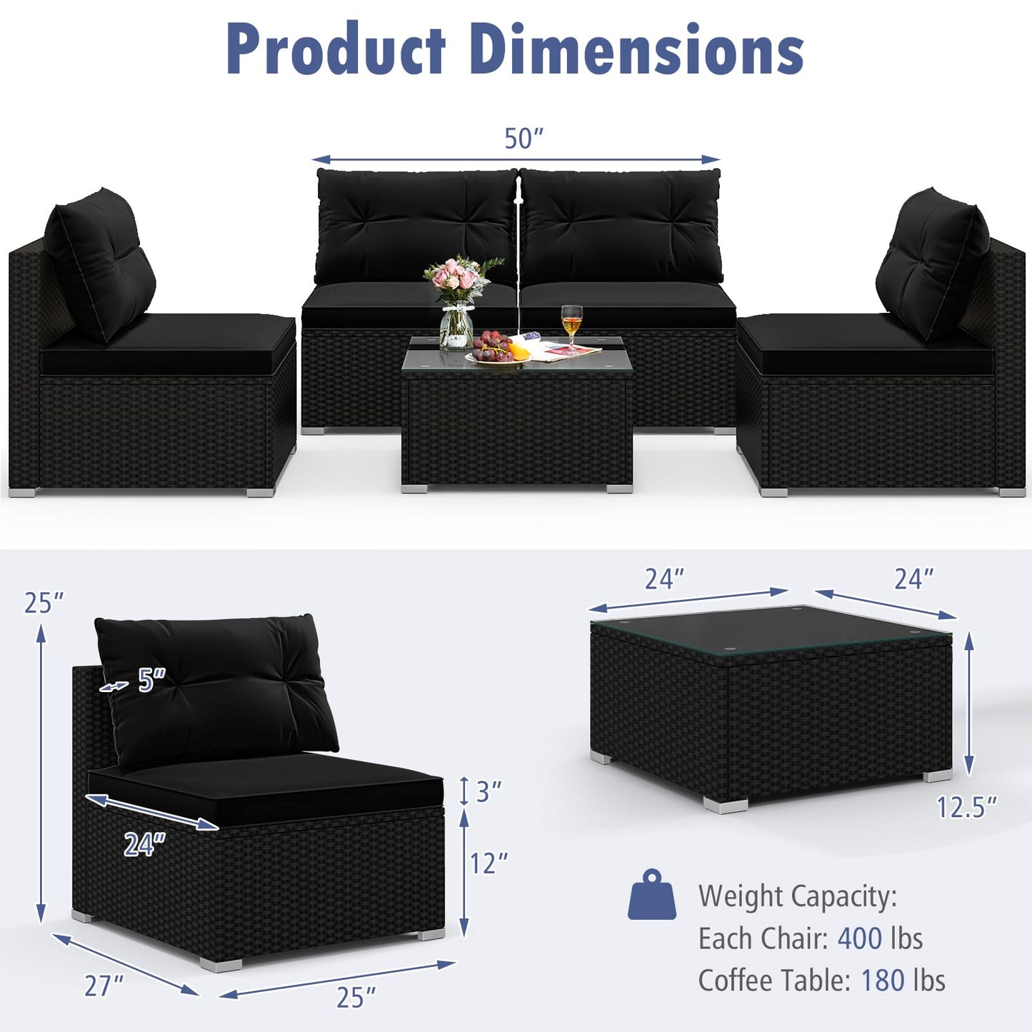 Tangkula 5 Piece Rattan Sofa Set, Outdoor Wicker Furniture Set w/Seat & Back Cushions