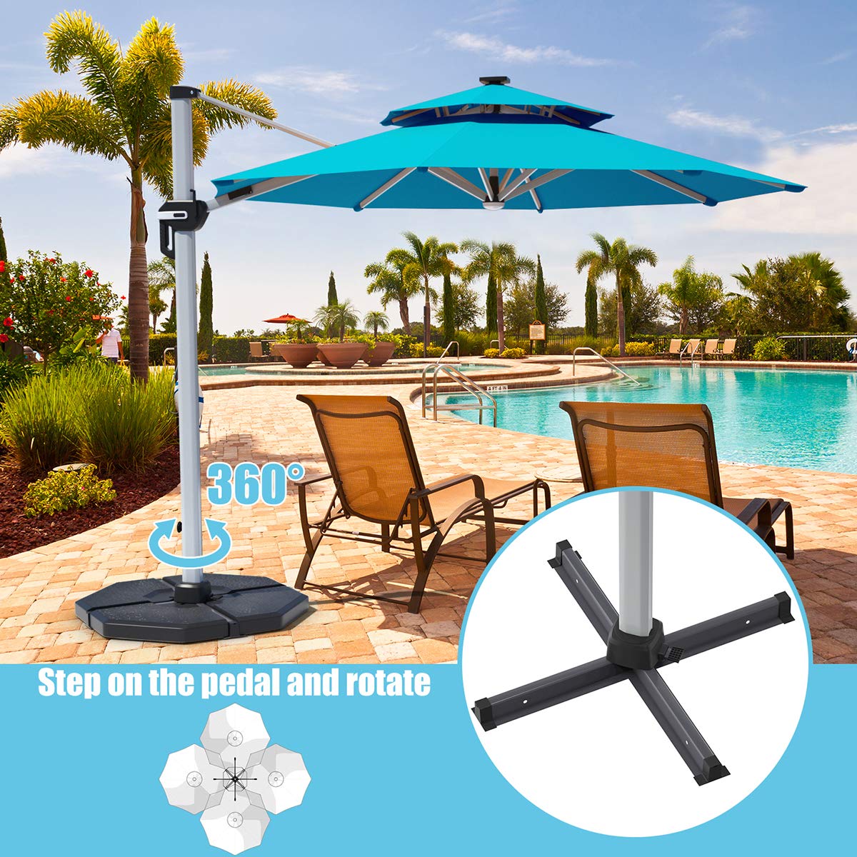 Tangkula 10 FT LED Cantilever Offset Hanging Patio Umbrella with Weight Base