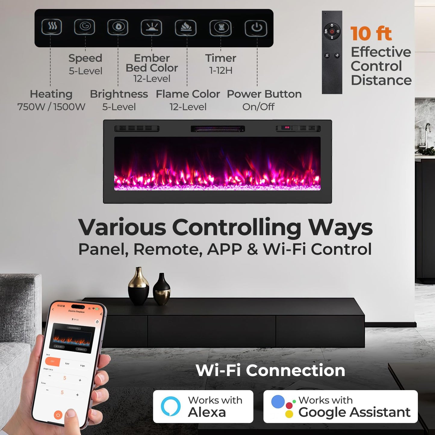 Tangkula 50” Wi-Fi Enabled Electric Fireplace