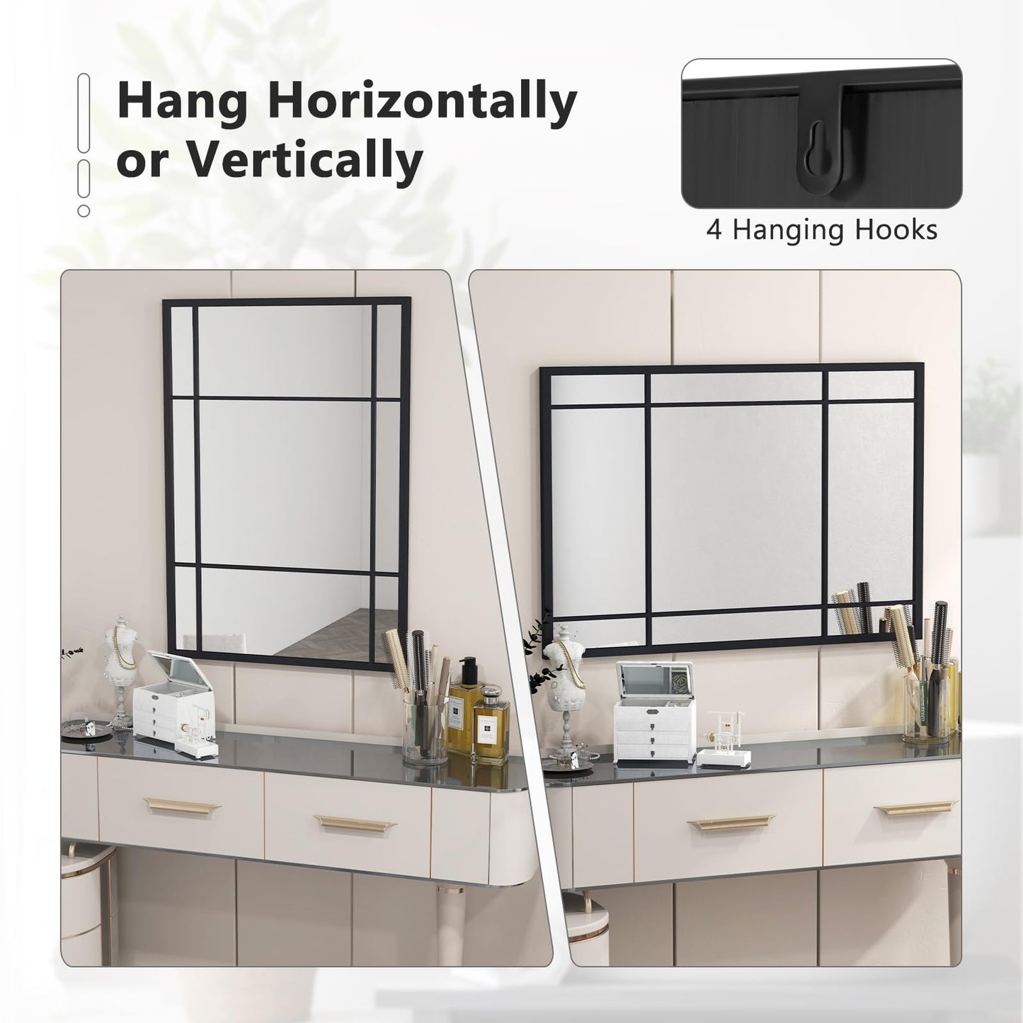 Tangkula Miroir de fenêtre rectangulaire 28" x 40", miroir moderne à 3 couches avec cadre métallique