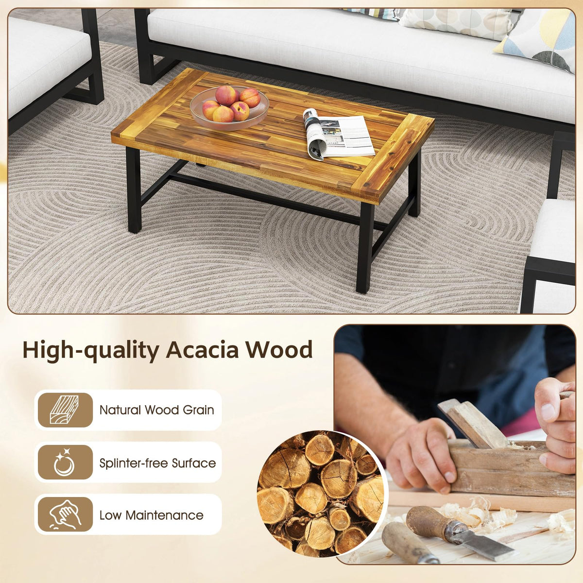 Tangkula Table Basse d'Extérieur en Bois d'Acacia