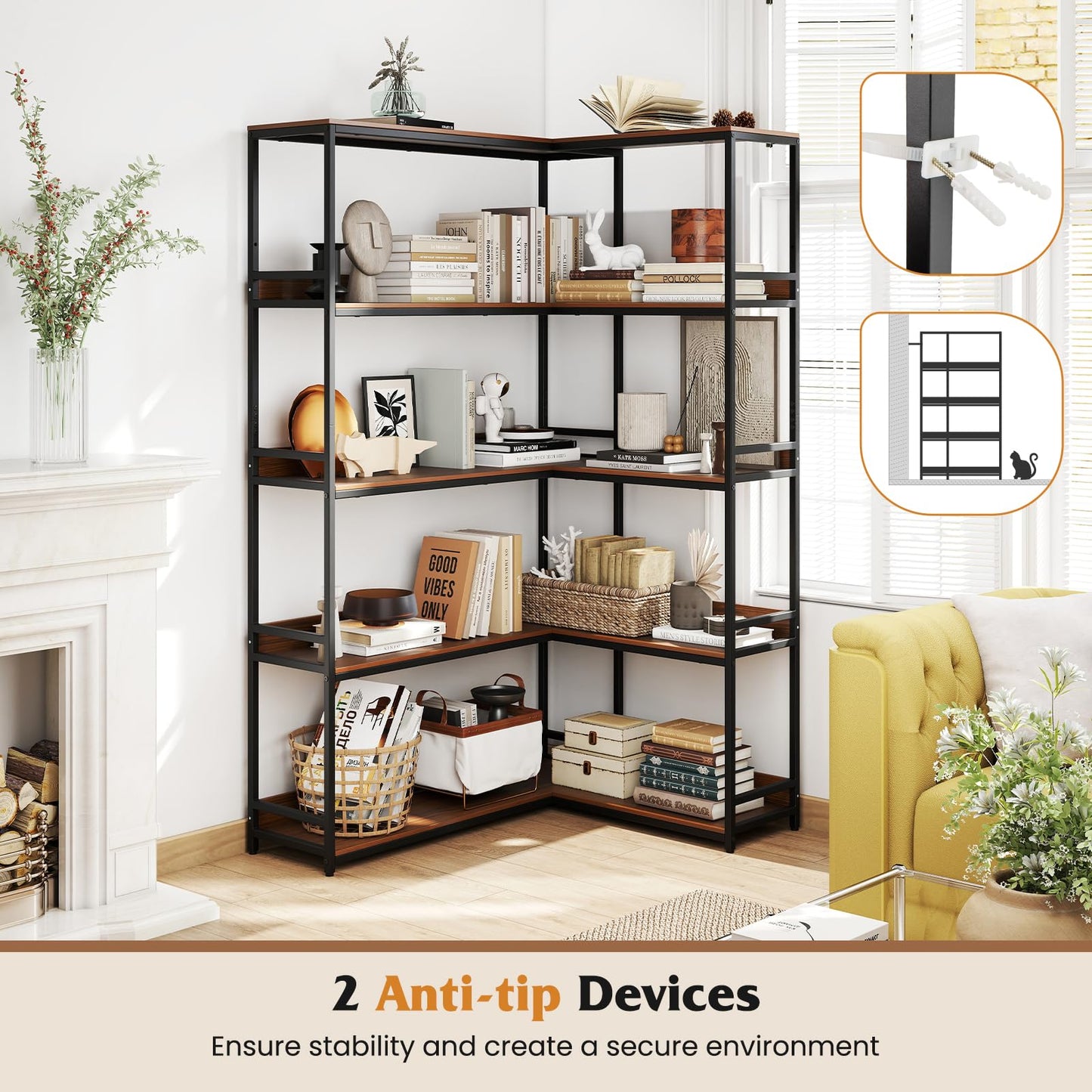 Tangkula Large Corner Bookshelf 90 Degrees 5-Tier Industrial Wood Open Corner Bookcase
