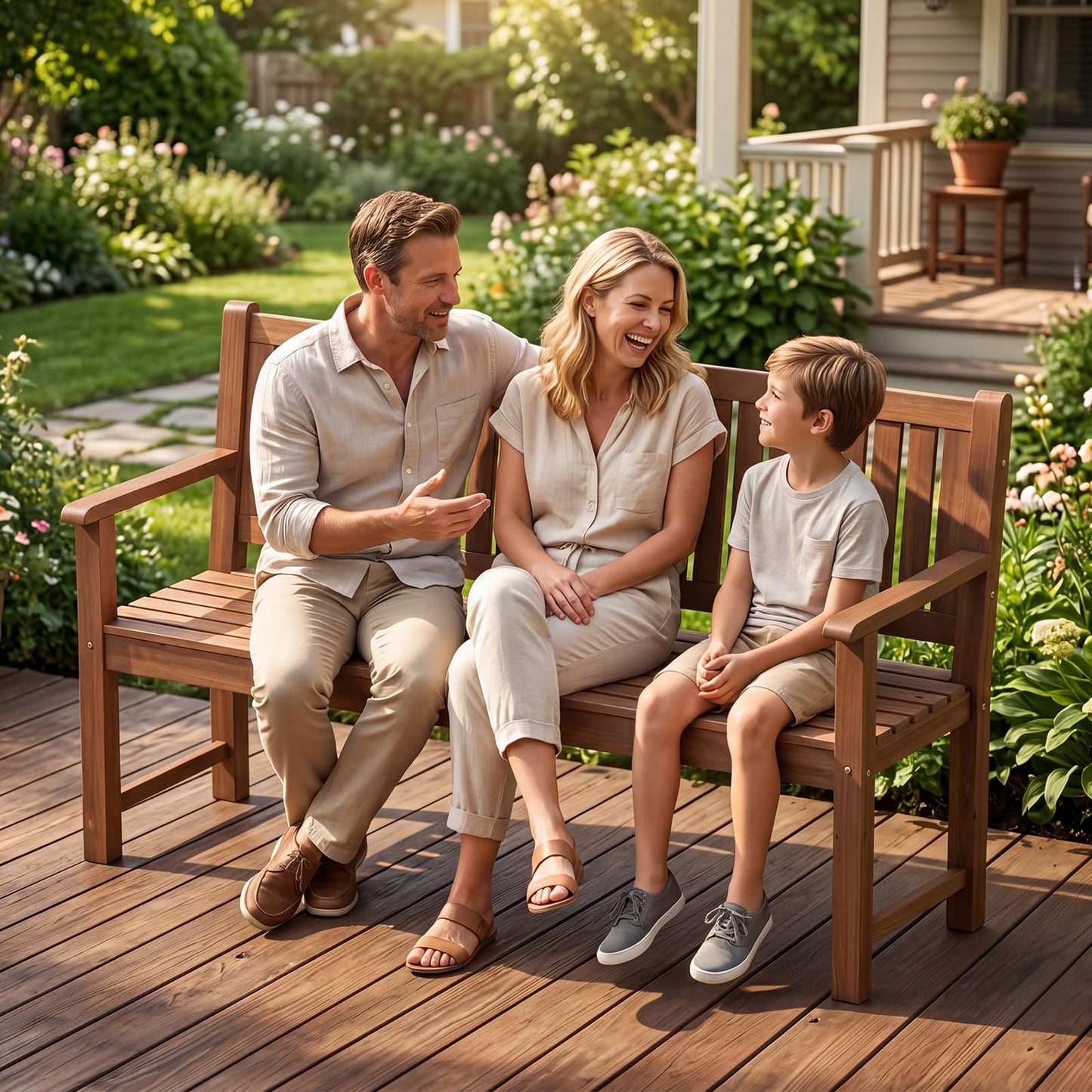 Tangkula 3-Seater Outdoor Wooden Bench | 59" Large Garden Bench with Backrest & Armrests