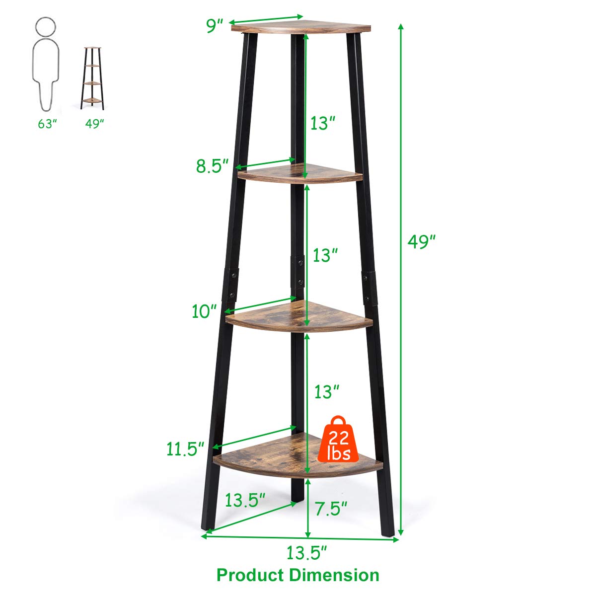 Industrial Corner Shelf, 4-Tier Ladder Bookshelf, Metal Frame Storage Rack