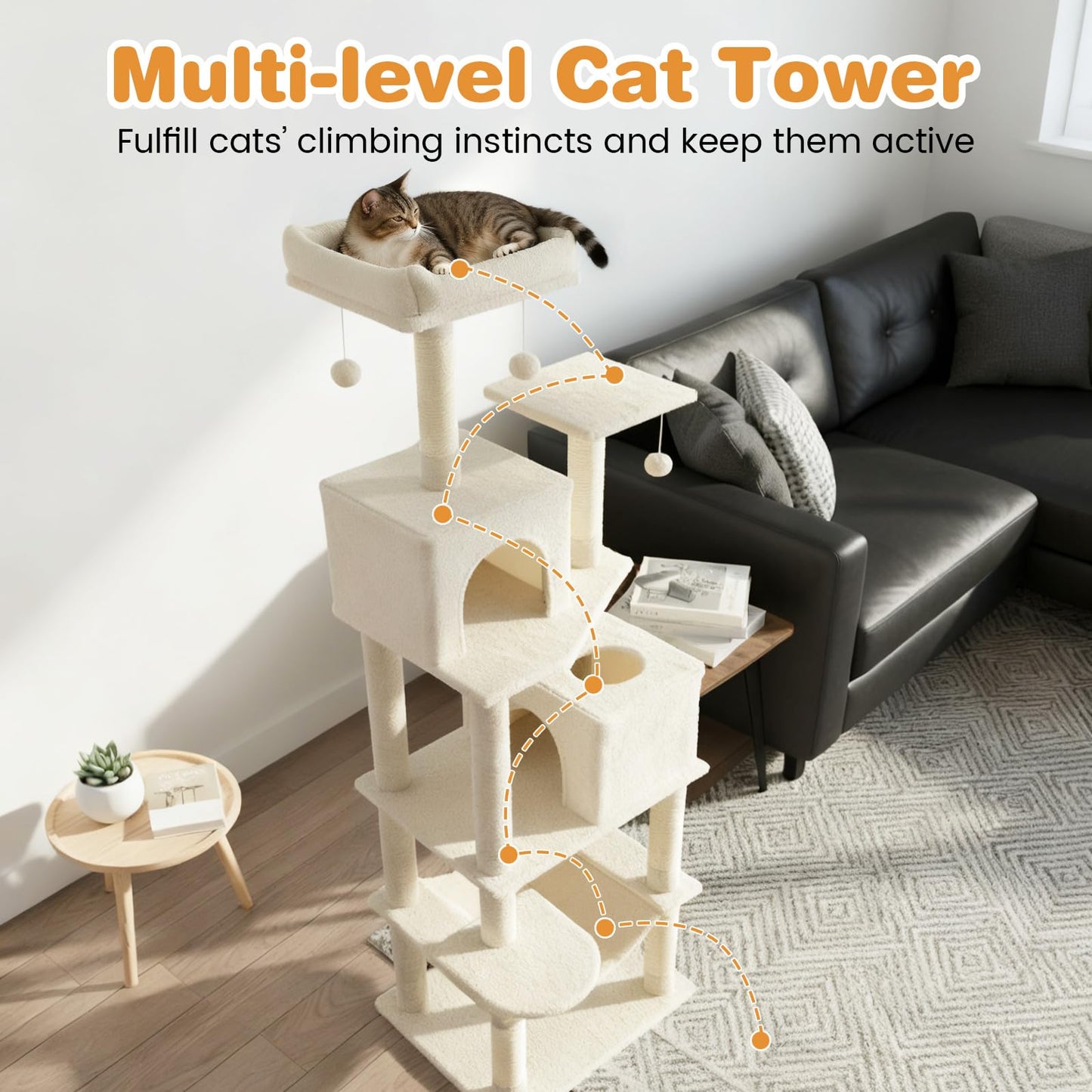 Tangkula Tour pour chat extra haute de 75 pouces avec poteau à griffer en sisal, perchoir supérieur rembourré et doubles condos