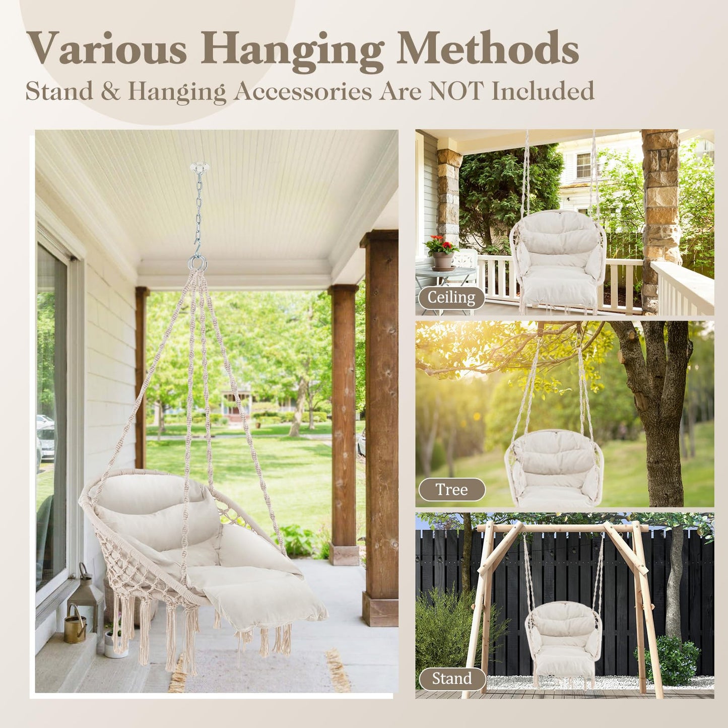 Tangkula Hanging Hammock Chair, Boho Style Macrame Hammock Swing with Soft Cushions, Tassels