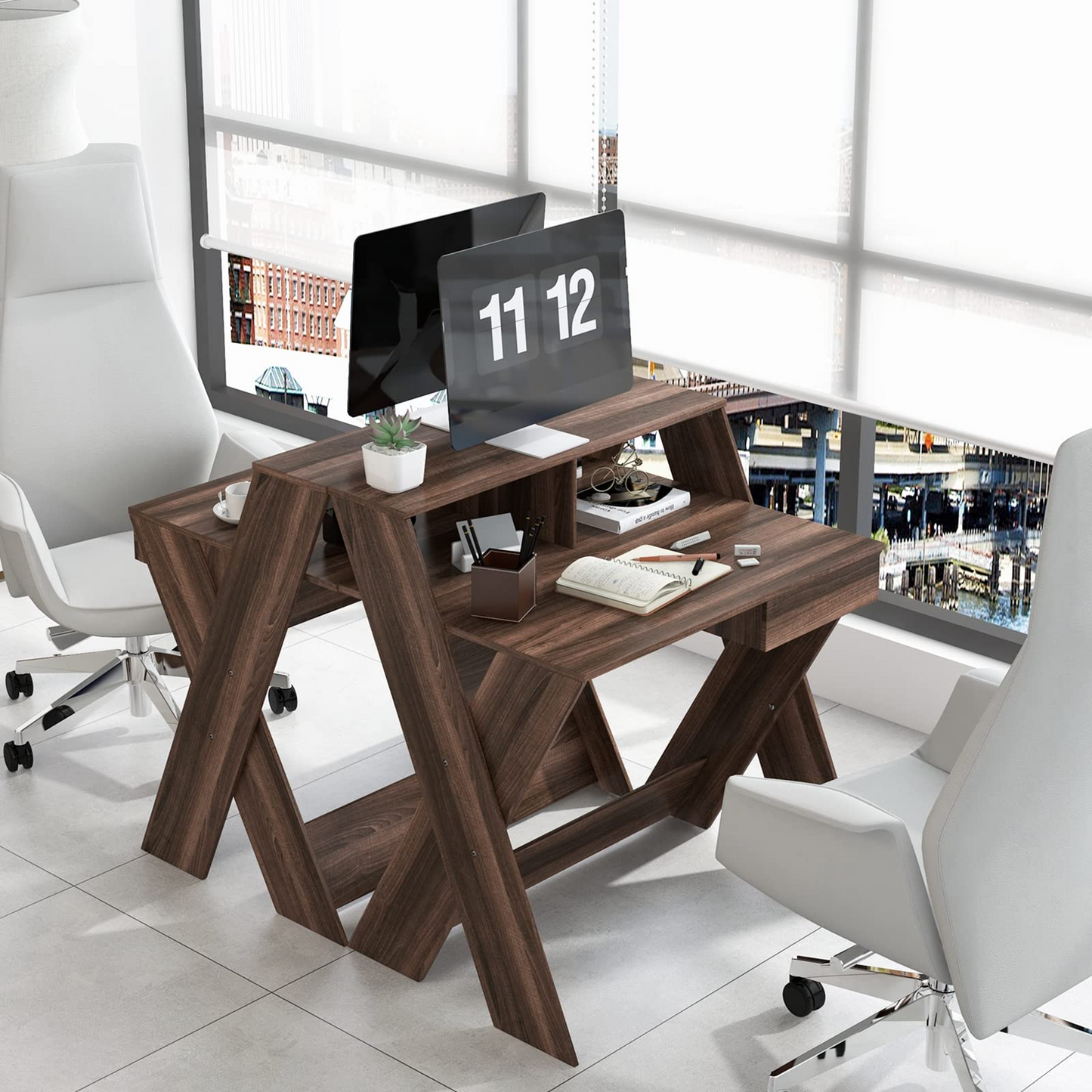 Tangkula Computer Desk with Storage Drawer, Small Writing Desk with Monitor Stand Riser