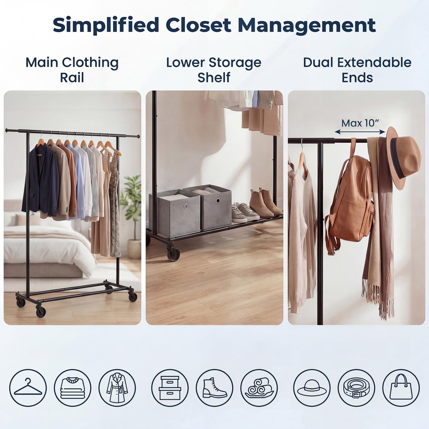 Tangkula Rolling Clothes Rack with Extendable Hanging Rods (41"-61.5" L)