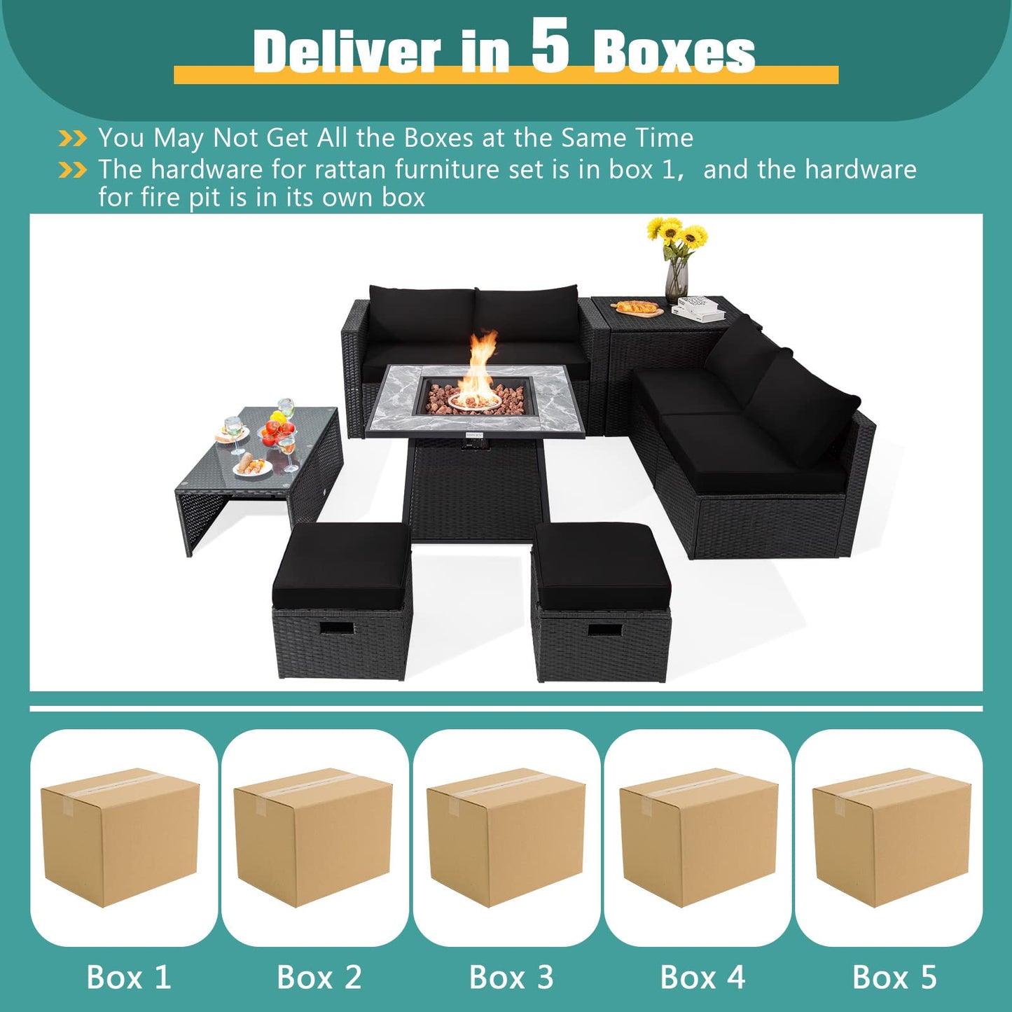 Tangkula 9 Pieces Outdoor PE Rattan Sectional Sofa with 35-Inch Gas Fire Pit Table