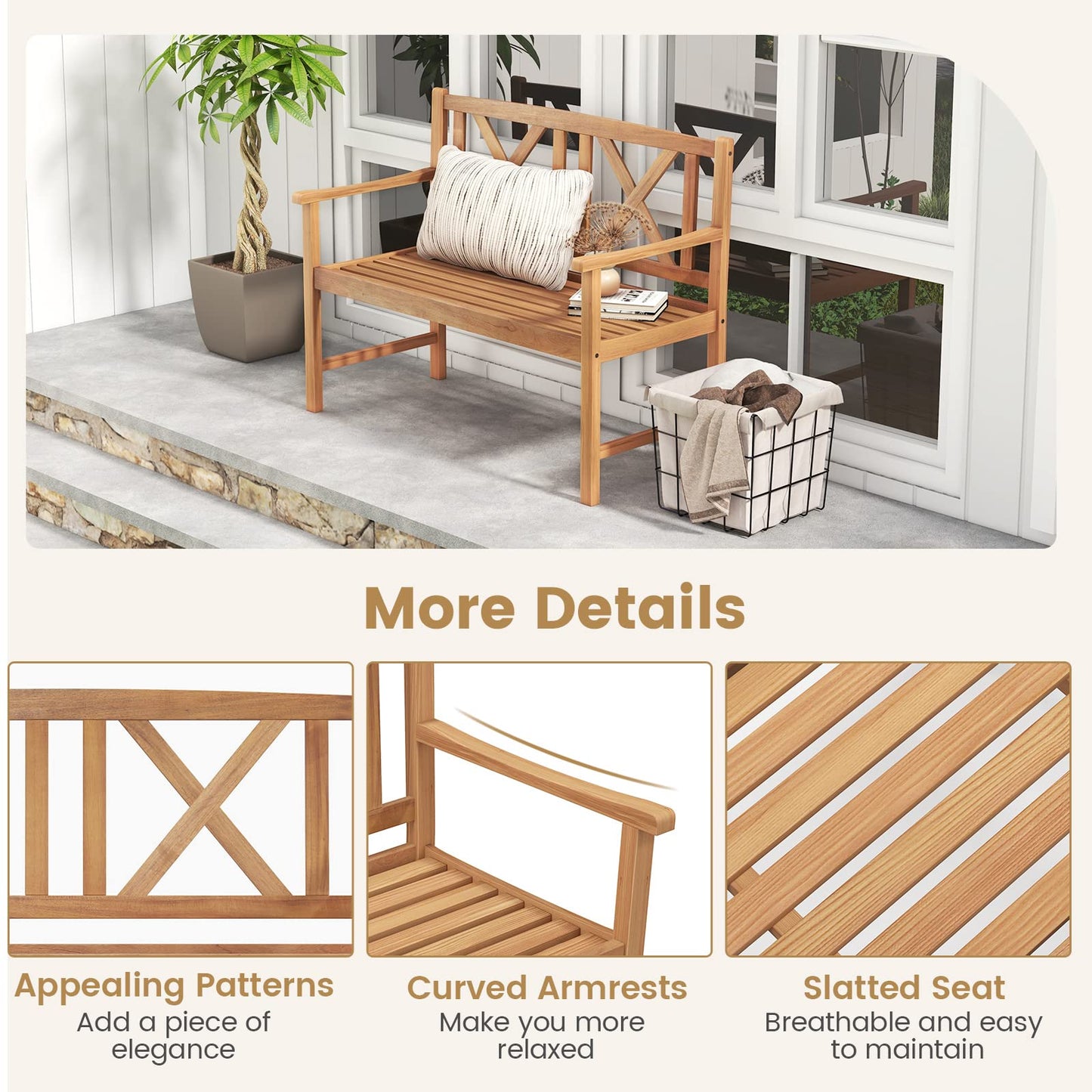 Tangkula Patio Acacia Wood Bench, 2-Person Outdoor Loveseat Chair
