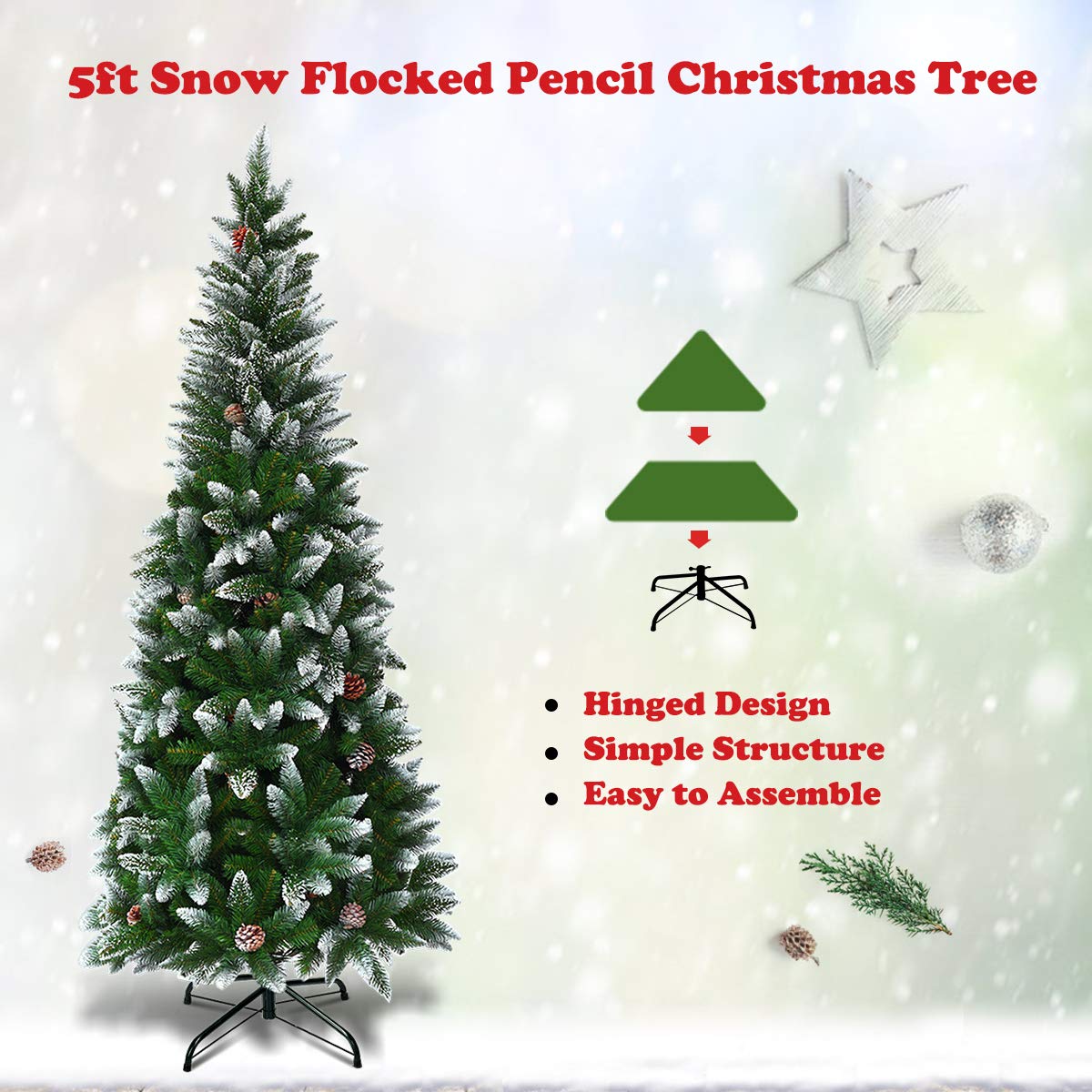 TANGKULA Artificial Pencil Christmas Tree with Pine Cones and Metal Stand