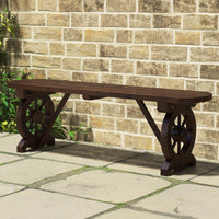 Banc en bois rustique Tangkula pour patio, banc long en bois carbonisé avec base en roue de chariot, siège à lattes