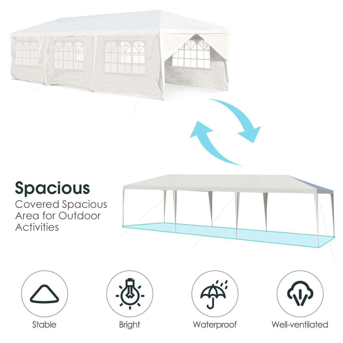 Tangkula 10' x 30' Outdoor Waterproof Gazebo Canopy w/ 6 Removable Sidewalls and 2 Doorways