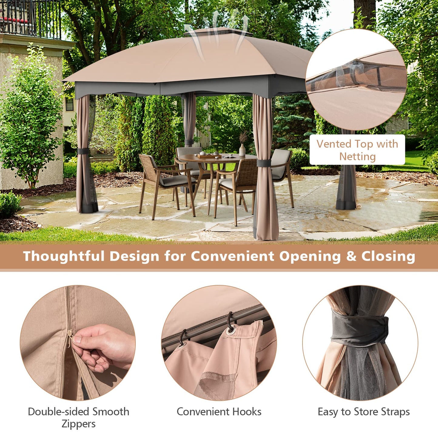Tangkula 12x10 Ft Patio Gazebo, Double Vented Gazebo with Zippered Privacy Curtains