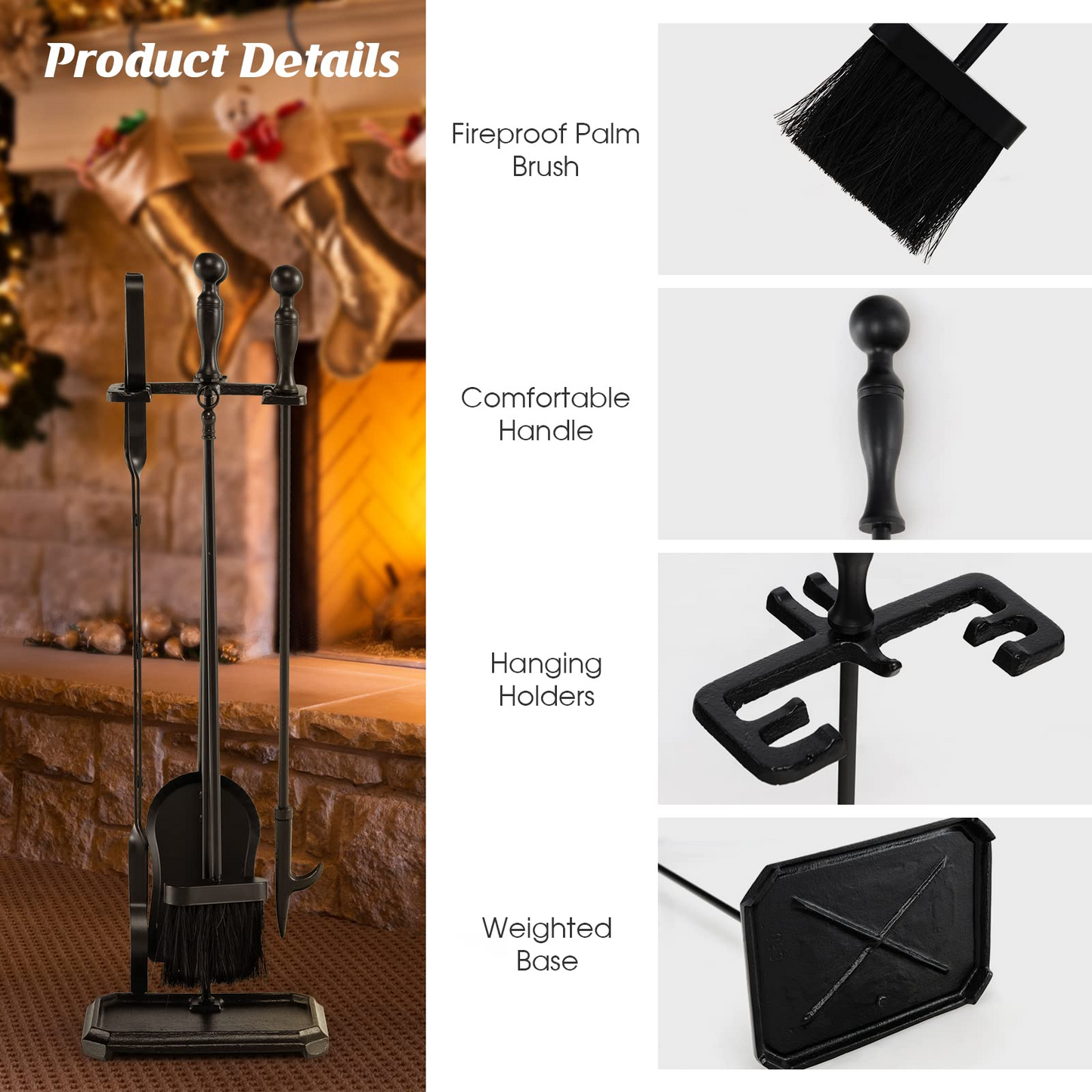 Tangkula 5-Piece Fireplace Tool Set, Heavy Duty Fire Wood Tool Set with Tong, Brush, Shovel, Poker, Stand