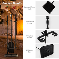 Tangkula 5-Piece Fireplace Tool Set, Heavy Duty Fire Wood Tool Set with Tong, Brush, Shovel, Poker, Stand