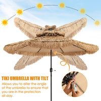 Tangkula 9 ft Thatched Patio Umbrella, 2 Tier Hawaiian Style Grass Beach Umbrella with 8 Ribs