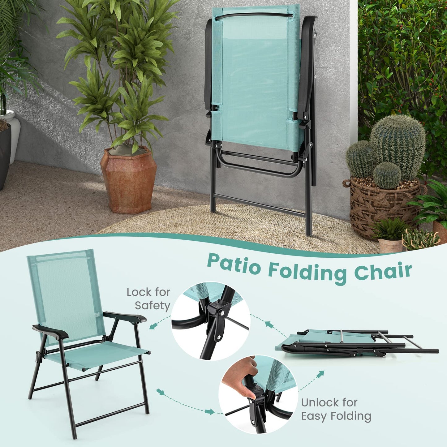Tangkula Set of 2 Patio Folding Chairs, Portable Sling Back Chairs with Armrests and Metal Frame