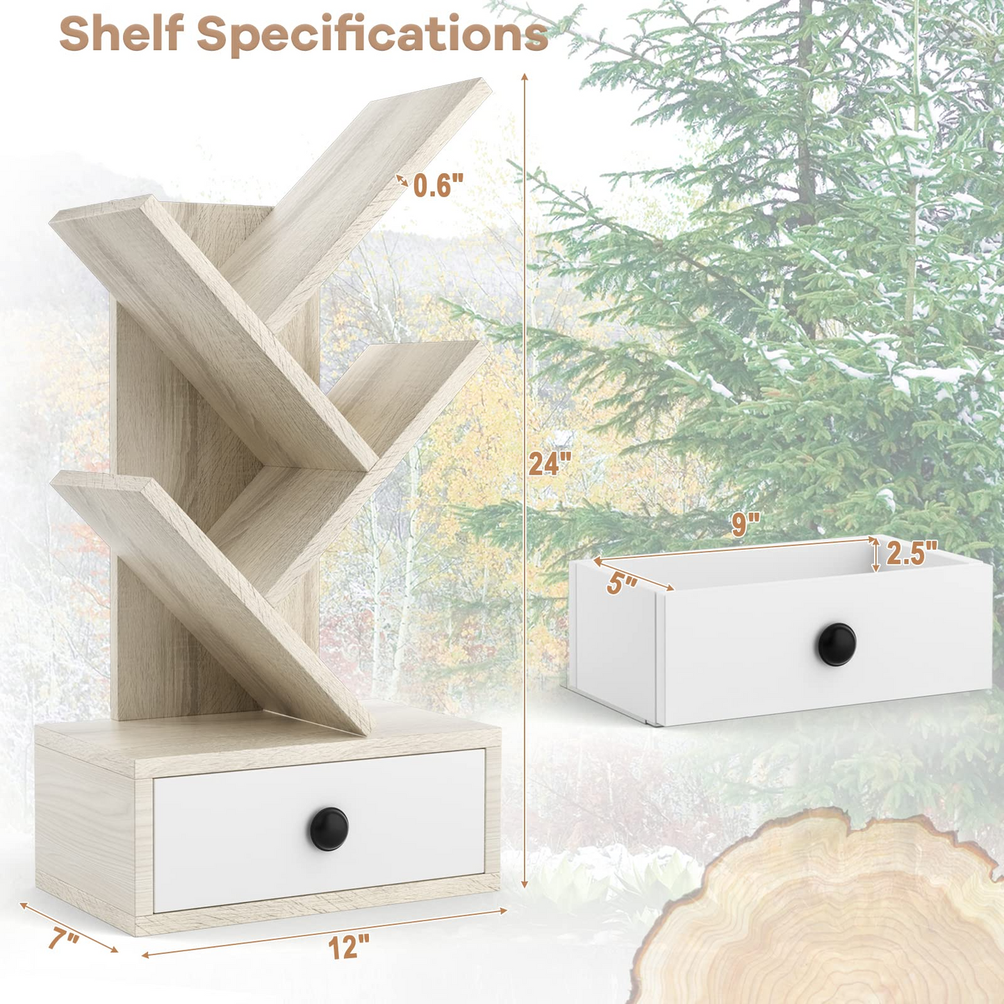 Tangkula 5 Tier Tree Bookshelf with Drawer, Rustic 5 Shelf Space Saving Corner Bookcase