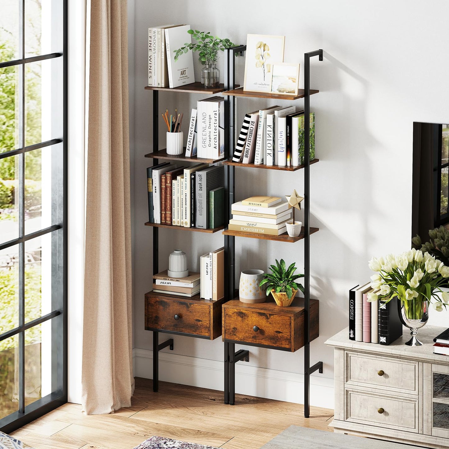 Tangkula 5-Tier Ladder Bookcase with Drawer and Metal Frame for Study Home Office