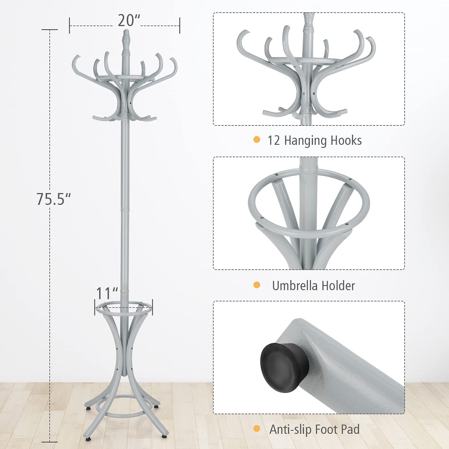 Tangkula 75.5" Standing Coat Rack, Wood Coat Tree with 12 Hooks