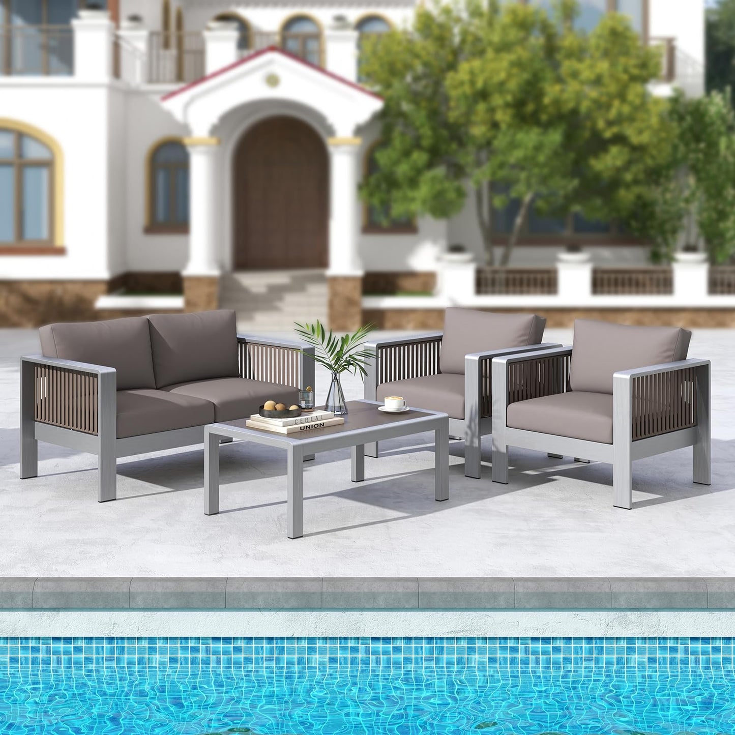 Tangkula Outdoor Rectangle Coffee Table, Aluminum Side Table w/Tempered Glass Tabletop