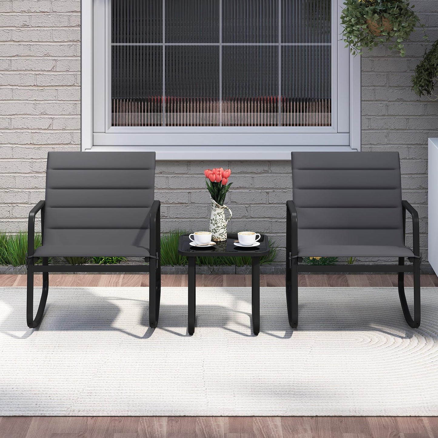 Tangkula 3 Piece Outdoor Rocking Bistro Set | Porch Rocker Chairs with Tempered Glass Table