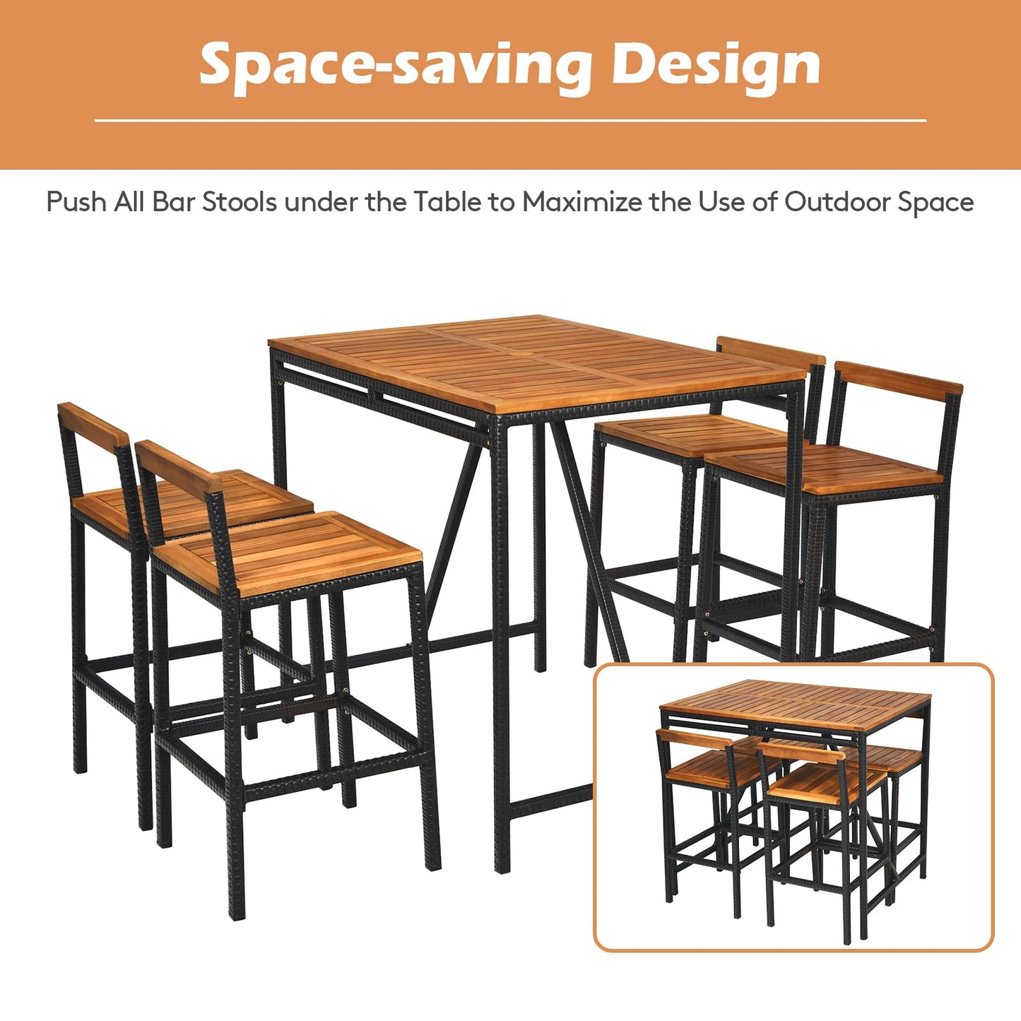 5-Piece Outdoor Acacia Wood Bar Table Set, Bar Height Outdoor and Rattan Dining Set