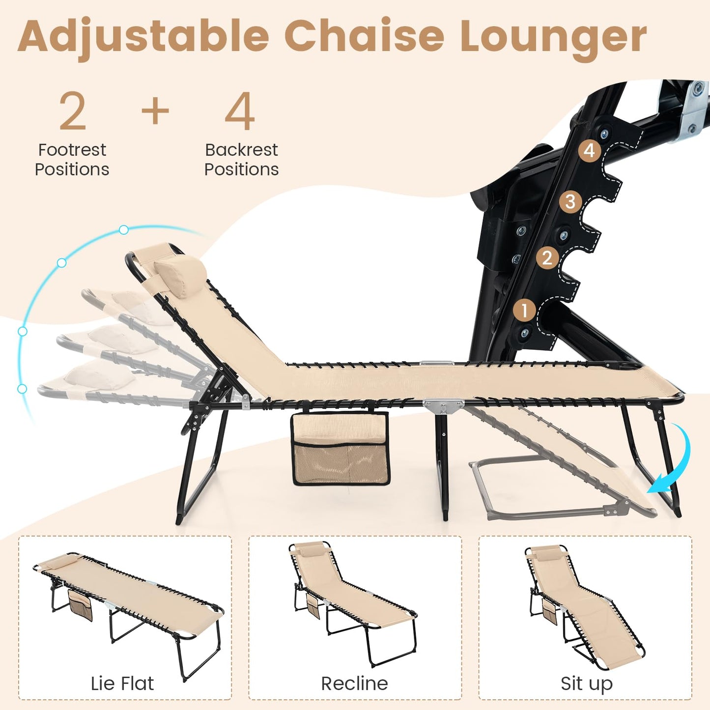 Tangkula Foldable Beach Lounge Chair for Outdoor, Reclining Chair with Removable Headrest