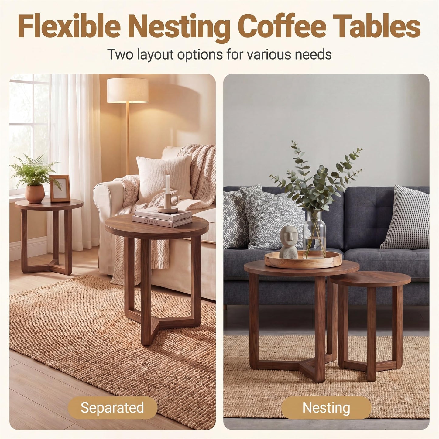 Tangkula Round Nesting Coffee Table Set of 2 with Solid Rubber Wood Tripod Legs