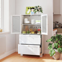 Tangkula Bathroom Floor Storage Cabinet with 2 Drawers & 2 Frosted Glass Doors