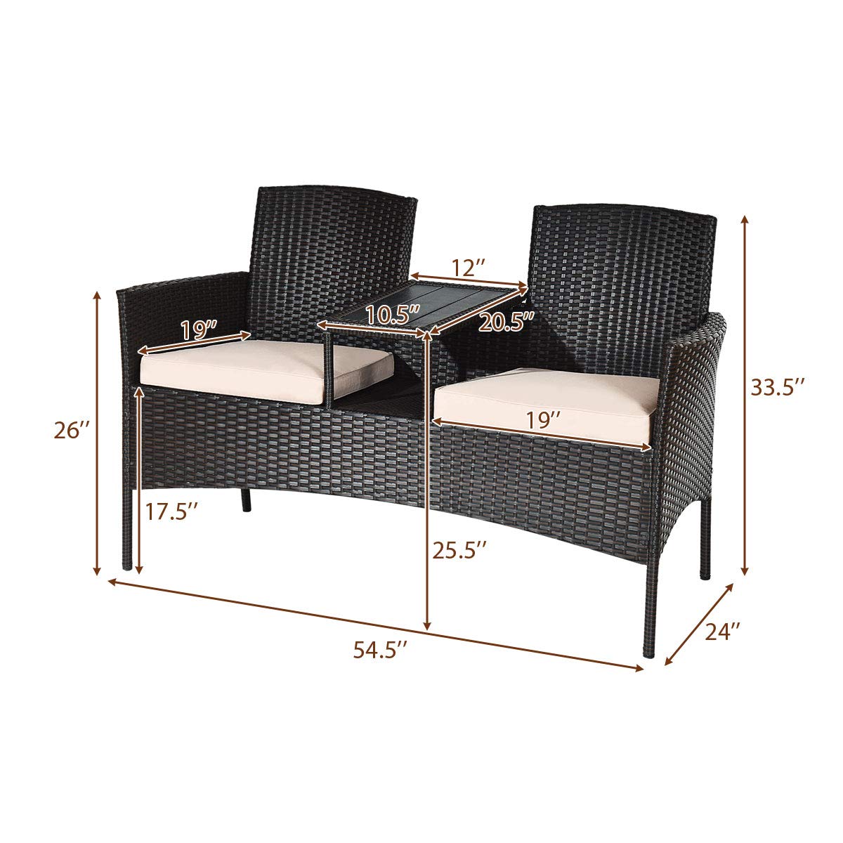 Outdoor Rattan Loveseat, Patio Conversation Set with Cushions & Table