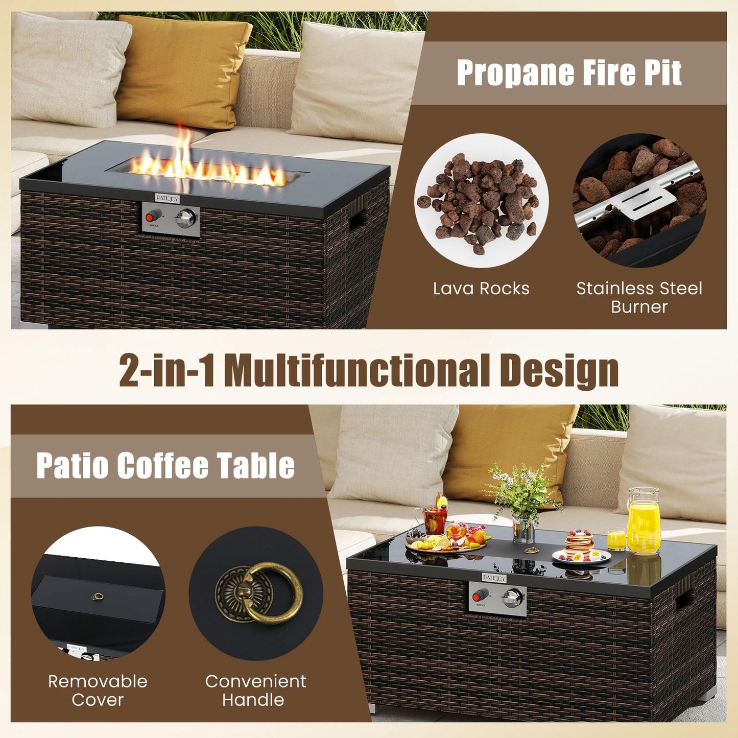 Tangkula 2-Piece Outdoor Rattan Fire Table Set 32 Inch Rectangle Gas Firepit with Tank Cover