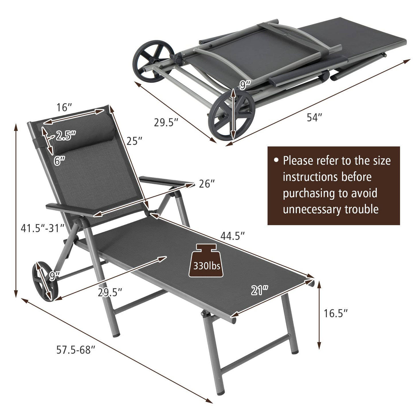 Tangkula Outdoor Aluminum Chaise Lounge Chair with Wheels