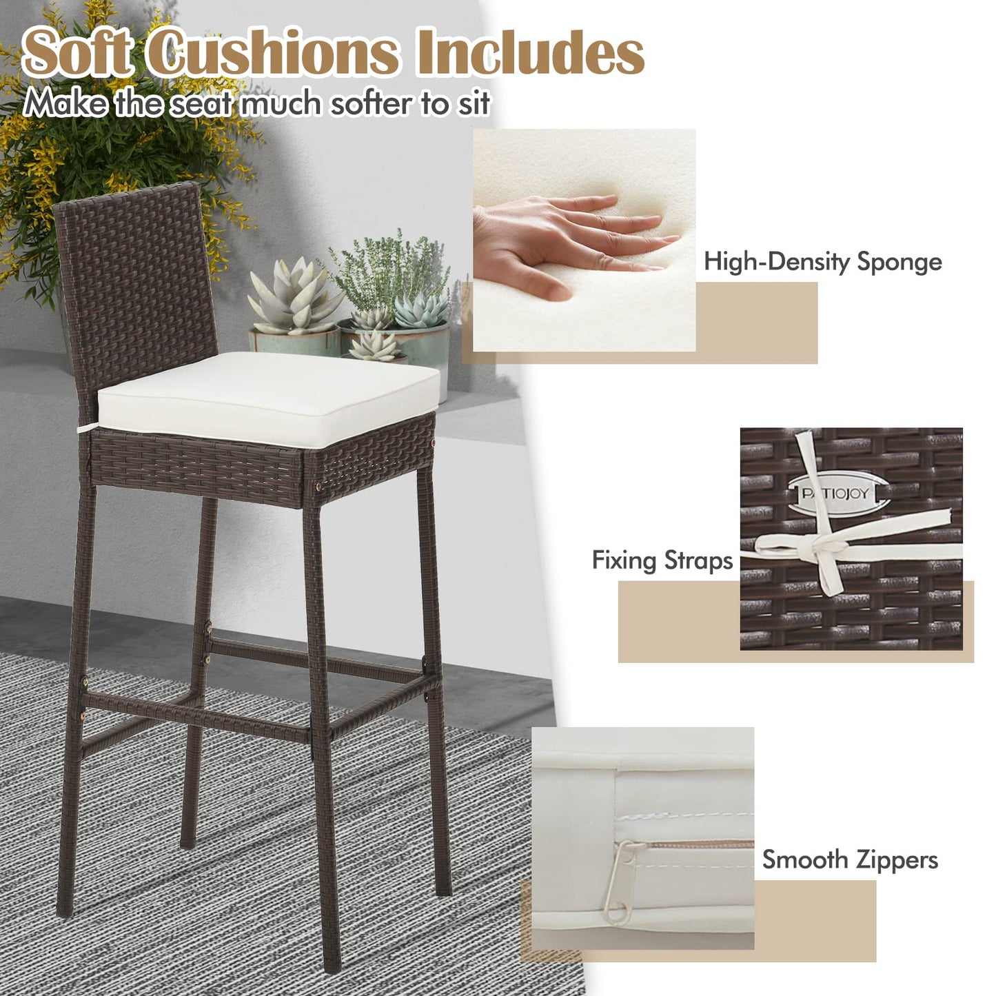 Tangkula Set of 2 Patio Wicker Barstools, Outdoor Bar Height Chair