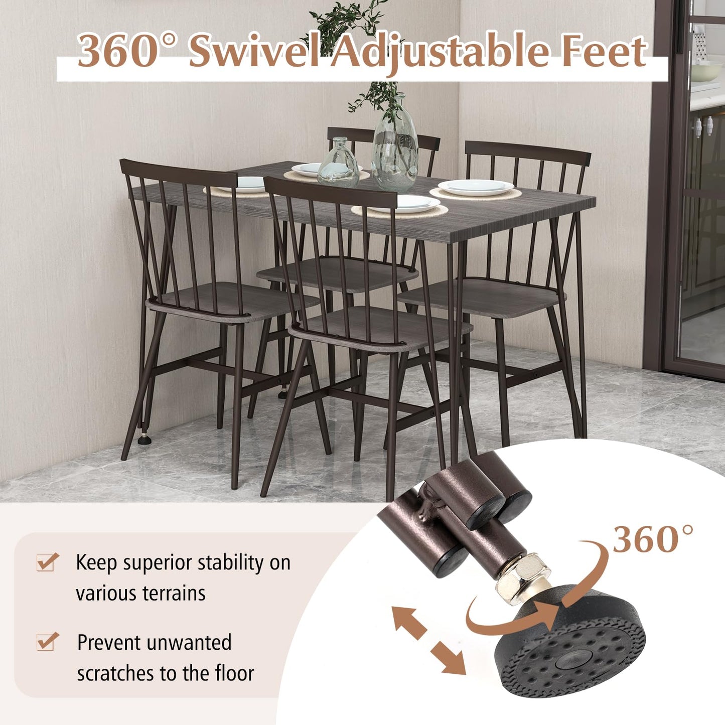 Tangkula Dining Table Set for 4, Kitchen Table and Chairs Set of 4 w/Metal Frame, 360° Swivel Feet