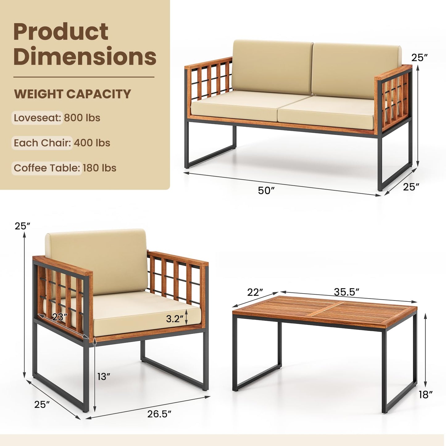 Tangkula Acacia Wood Outdoor Sofa Set, 4 Pieces Outdoor Furniture Set with Heavy Duty Metal Frame