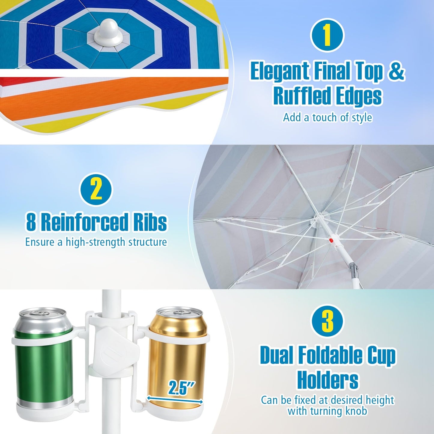 Tangkula 6.5 FT Scalloped Beach Umbrella with Cup Holders | UPF 50+