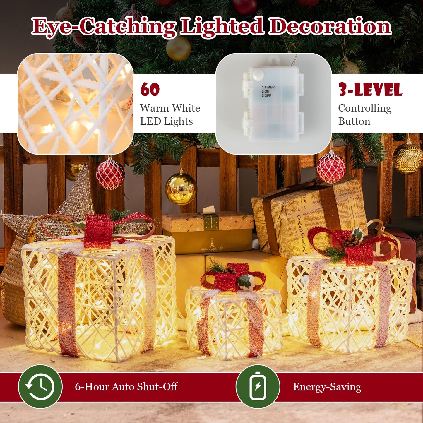 Tangkula Set of 3 Lighted Box Pre-lit Present Boxes with 100 Warm White Lights