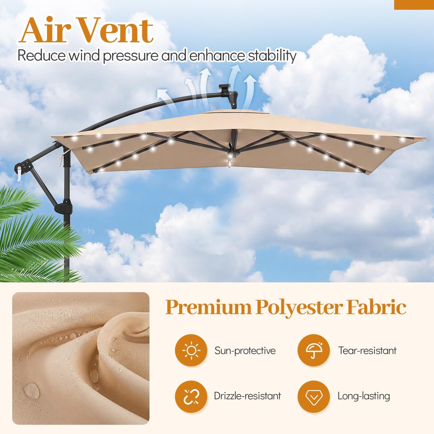 Tangkula 8x8 FT Solar Patio Umbrella with Base Included Square Offset Cantilever 360 Degree Rotation 32 LED Lights