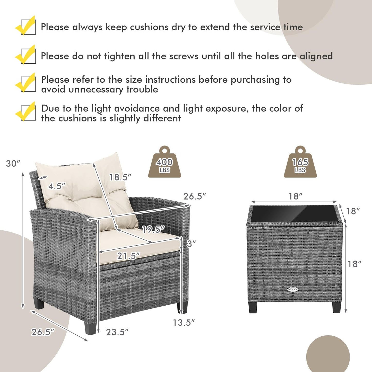 Tangkula PE Rattan Wicker 3 Pcs Outdoor Sofa Set w/Washable Cushion and Tempered Glass Tabletop