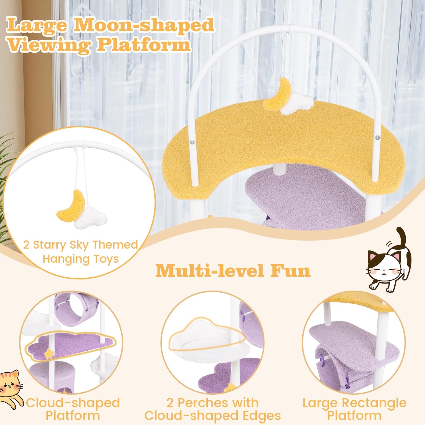 Tangkula Cute Cat Tree, 62 Inch Multi-Level Large Cat Tower with Metal Frame, Moon-Shaped Top Perch
