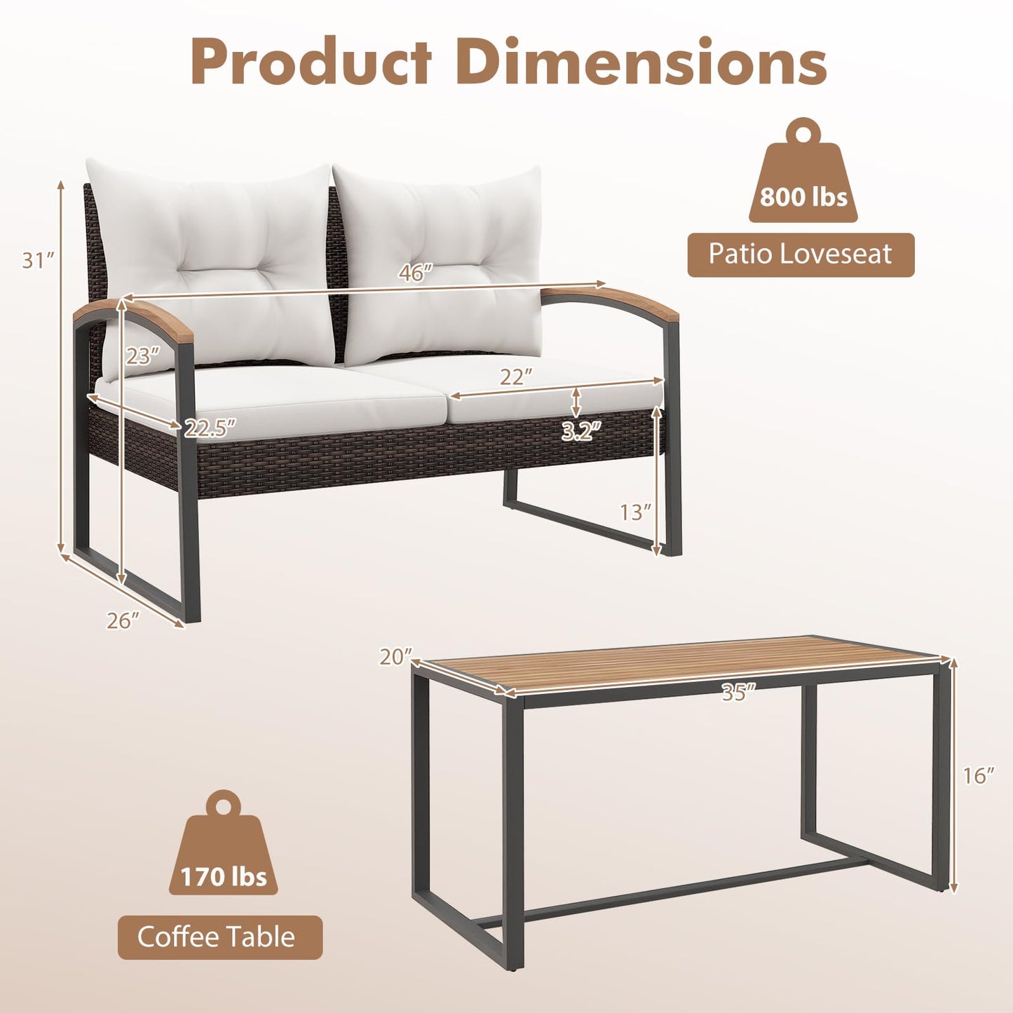 Tangkula 2 Pieces Patio Wicker Furniture Set, Heavy Duty Outdoor Cushioned Loveseat with Acacia Wood Coffee Table