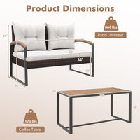 Tangkula 2 Pieces Patio Wicker Furniture Set, Heavy Duty Outdoor Cushioned Loveseat with Acacia Wood Coffee Table
