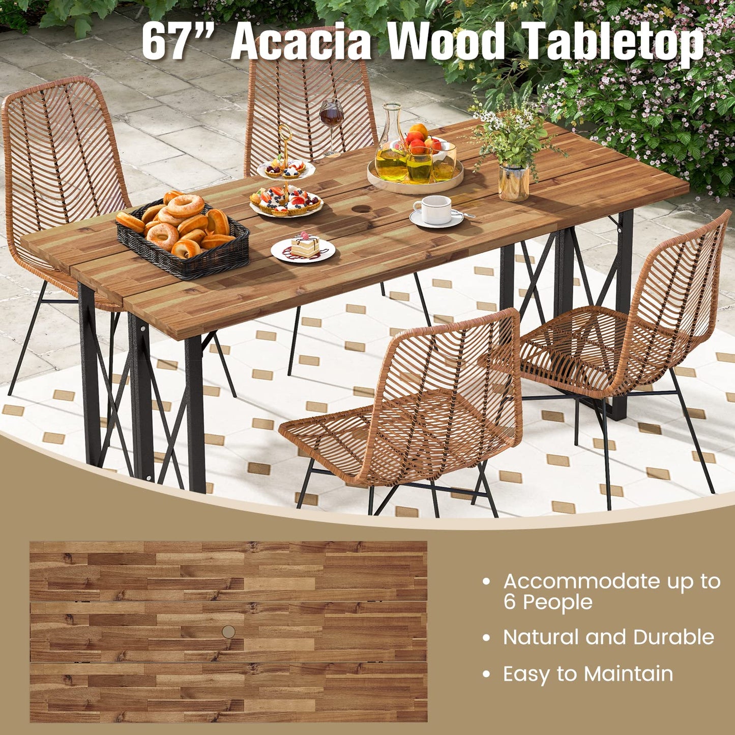 Tangkula 67 Inch Outdoor Dining Table, Acacia Wood Patio Table with 2 Inch Umbrella Hole